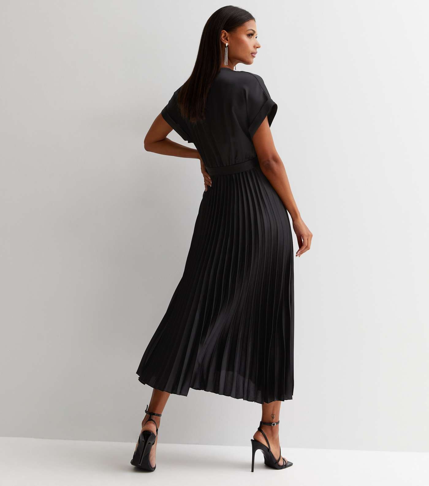 Black Satin Pleated Midi Wrap Dress Image 4