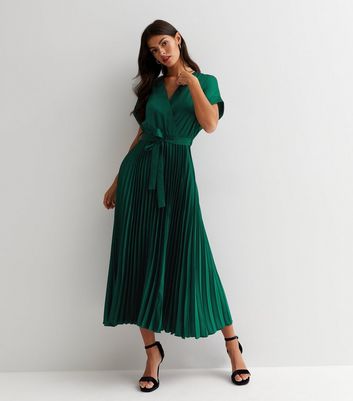 Dark Green Satin Pleated Midi Wrap Dress New Look