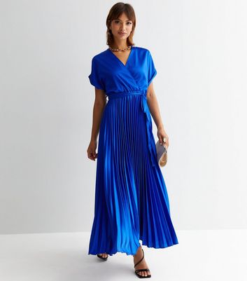 Blue Satin Pleated Midi Wrap Dress New Look