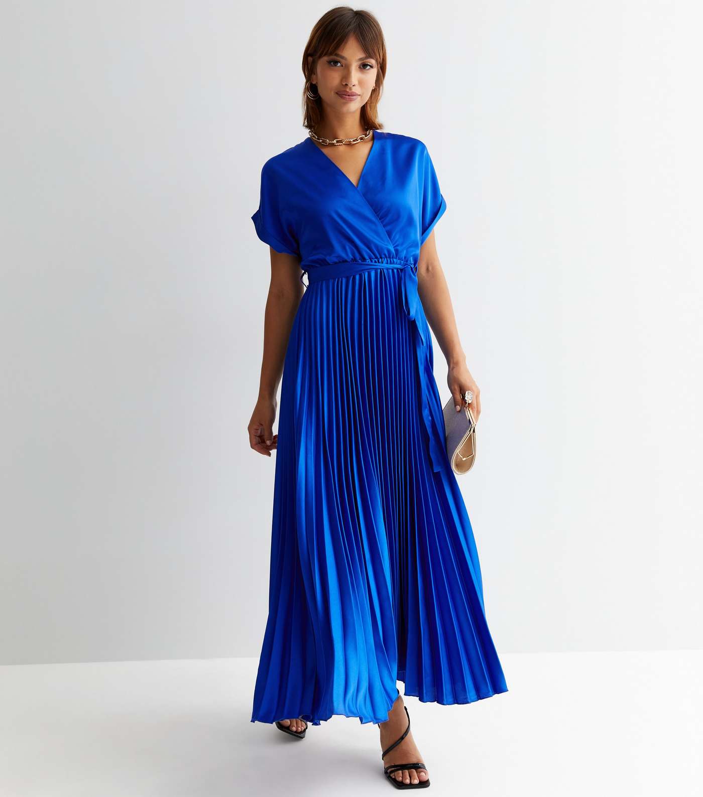 Blue Satin Pleated Midi Wrap Dress