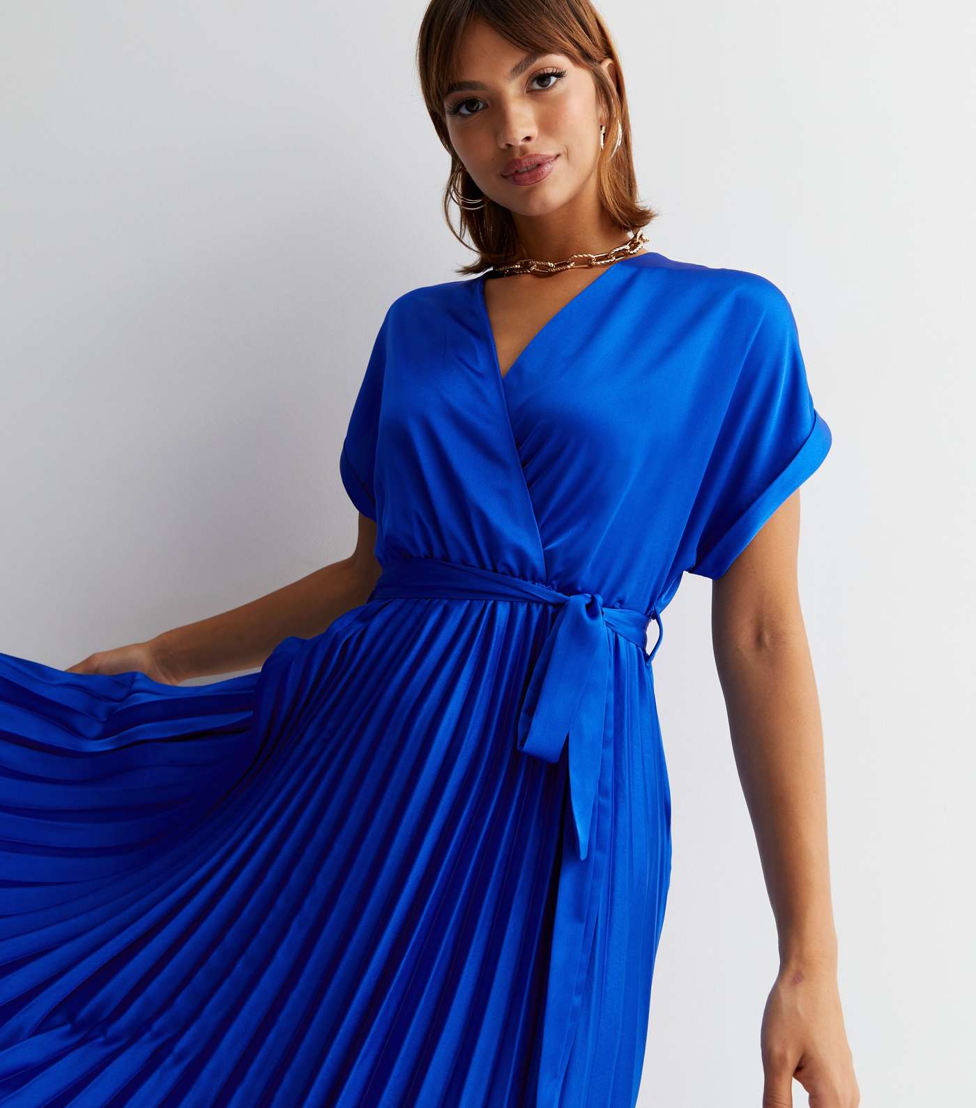 Blue Satin Pleated Midi Wrap Dress Image 3
