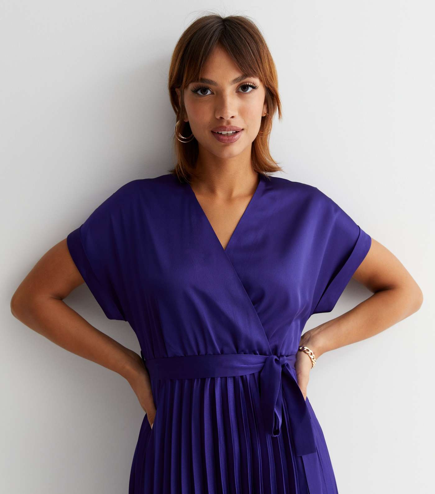 Purple Satin Pleated Midi Wrap Dress Image 2