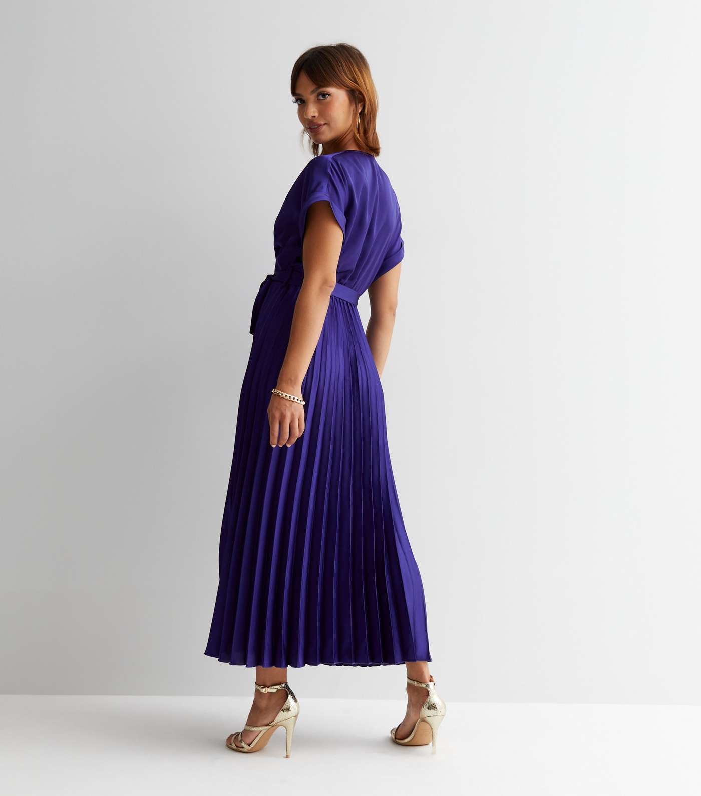 Purple Satin Pleated Midi Wrap Dress Image 4