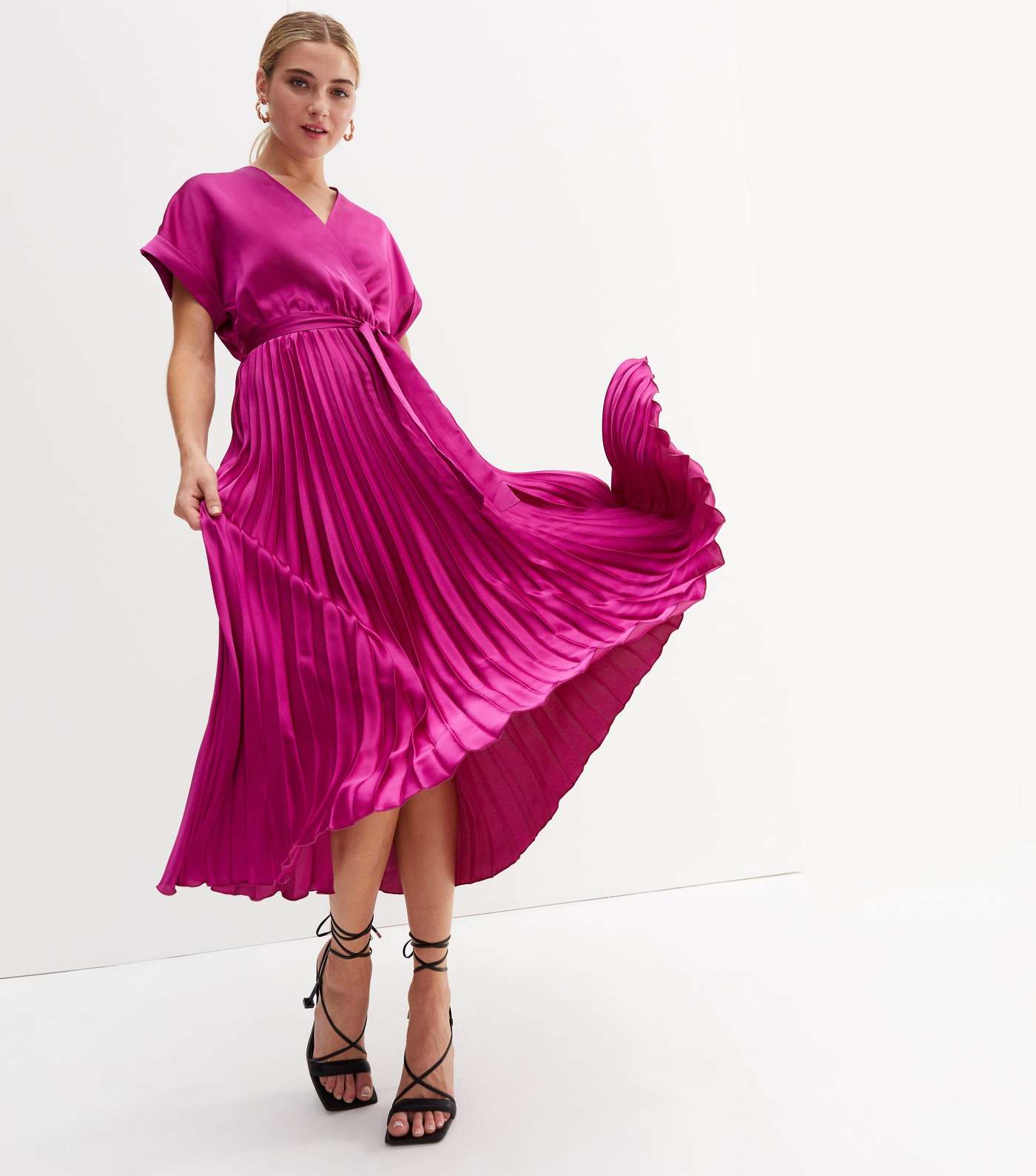 Deep Pink Satin Pleated Midi Wrap Dress