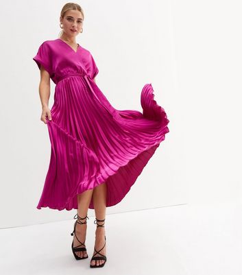 Deep Pink Satin Pleated Midi Wrap Dress New Look