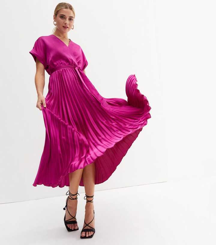 Deep Pink Satin Pleated Midi Wrap Dress | New Look