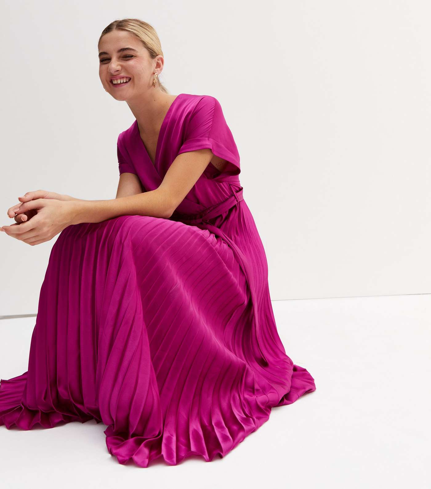 Deep Pink Satin Pleated Midi Wrap Dress Image 3