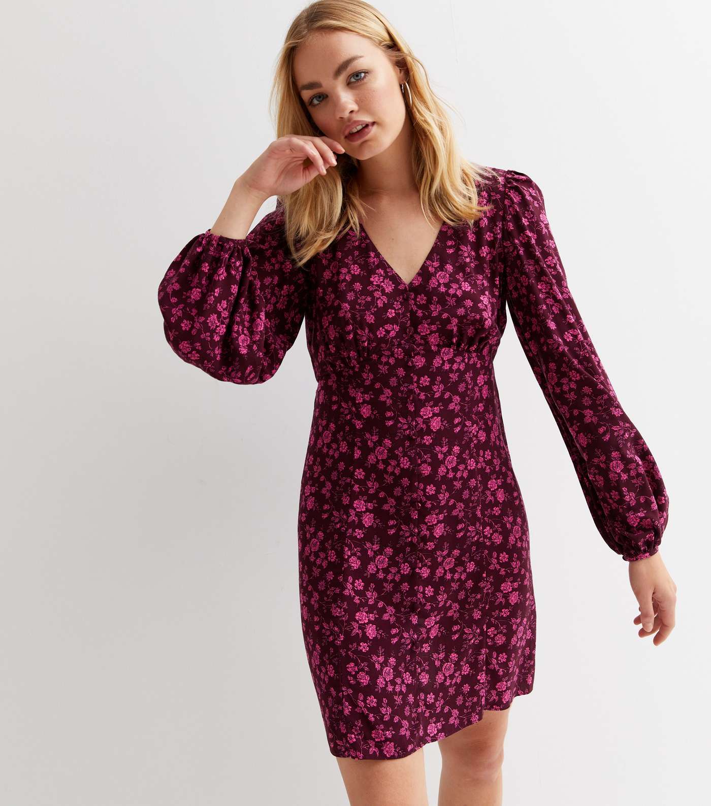 Pink Floral Button Front Long Puff Sleeve Mini Dress