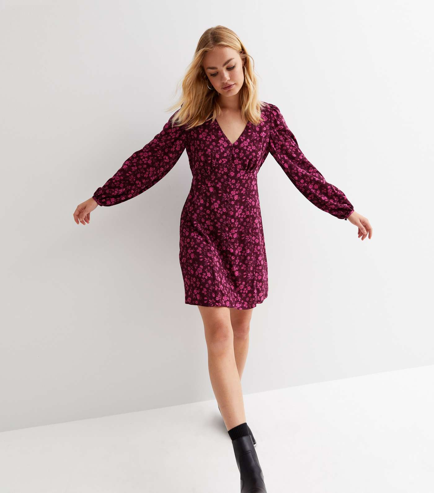 Pink Floral Button Front Long Puff Sleeve Mini Dress Image 3
