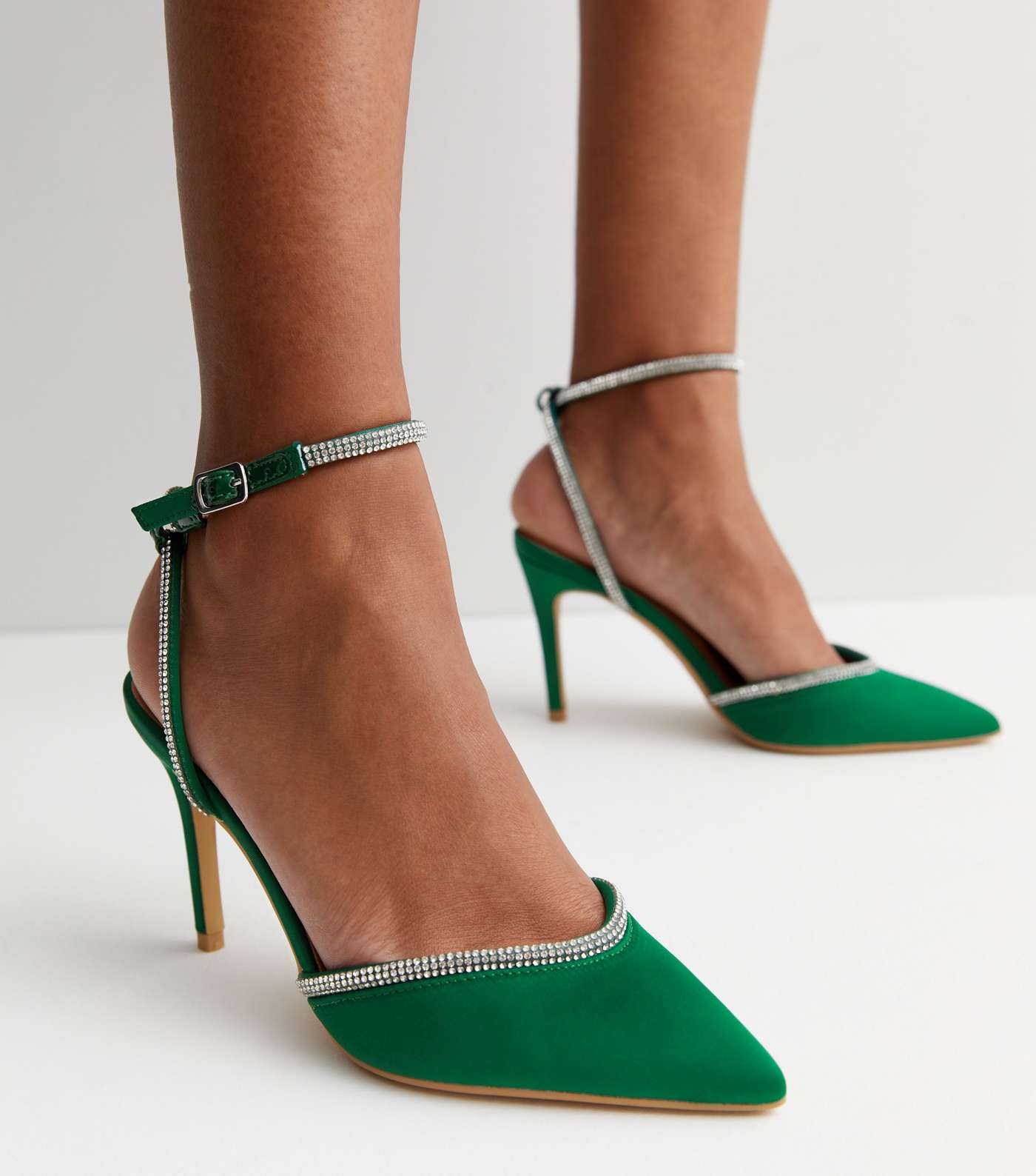 Dark Green Satin Diamanté Trim 2 Part Stiletto Heel Sandals Image 2