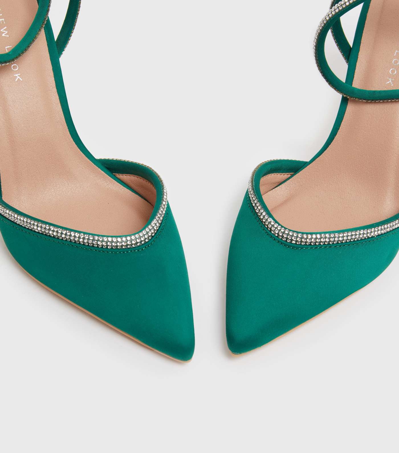 Dark Green Satin Diamanté Trim 2 Part Stiletto Heel Sandals Image 4