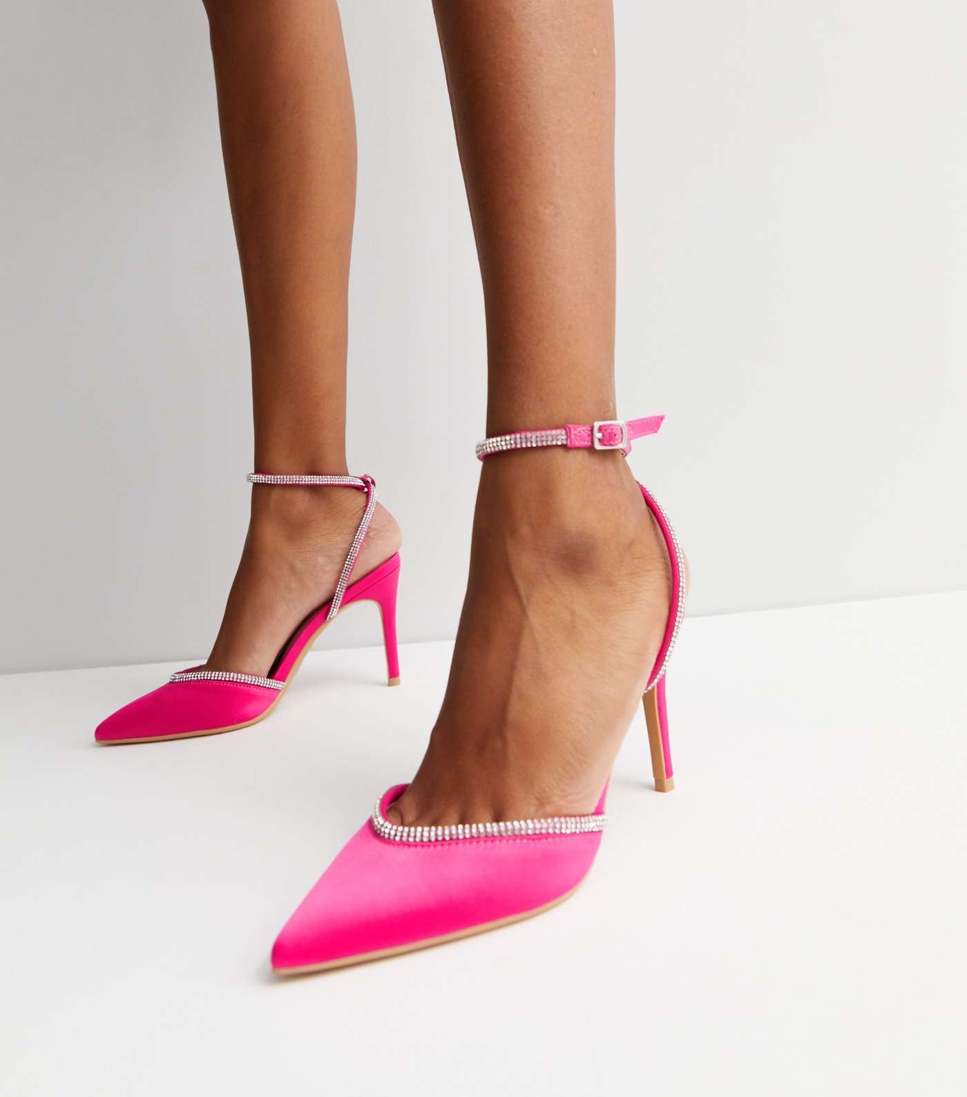 Bright Pink Satin Diamanté Trim 2 Part Stiletto Heel Sandals Image 2