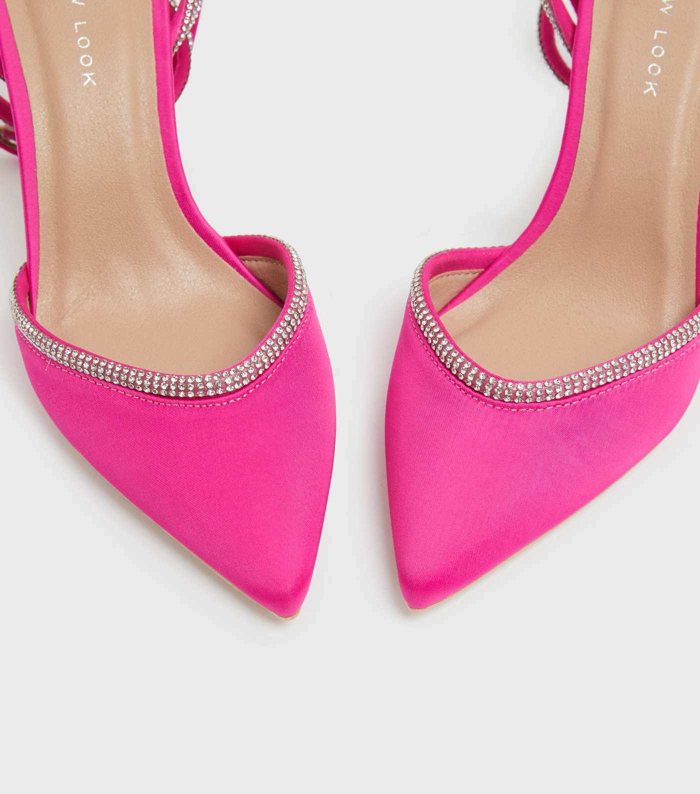 Bright Pink Satin Diamanté Trim 2 Part Stiletto Heel Sandals Image 4