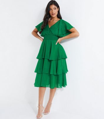 QUIZ Dark Green Glitter Chiffon Tiered Hem Midi Dress
