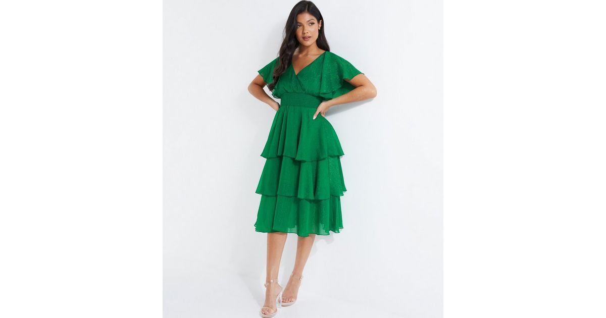 QUIZ Dark Green Glitter Chiffon Tiered Hem Midi Dress | New Look