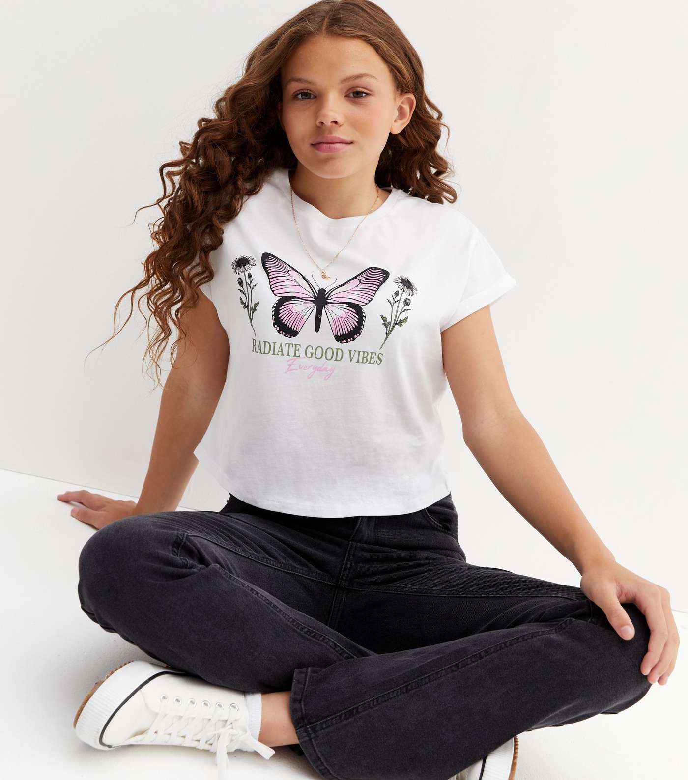 Girls White Butterfly Logo T-Shirt Image 2