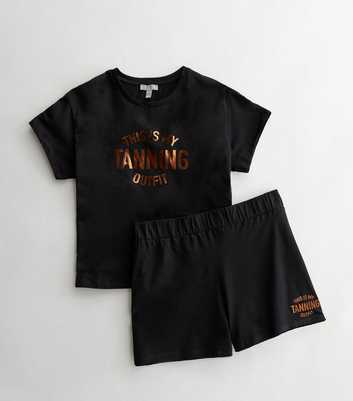 Curves Black Short Pyjama Set with Metallic Tanning Logo
