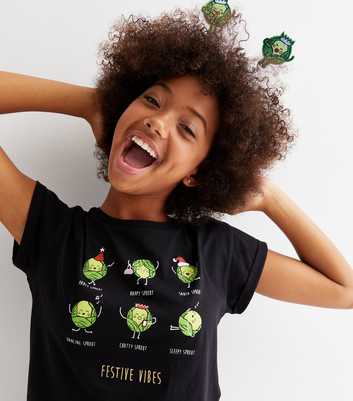 Girls Black Sprouts Logo Christmas T-Shirt
