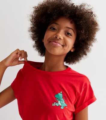 Girls Red Christmas Dinosaur Logo T-Shirt