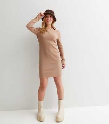 Girls Camel Ribbed Jersey Mini Polo Dress