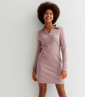 Girls Lilac Ribbed Jersey Mini Polo Dress