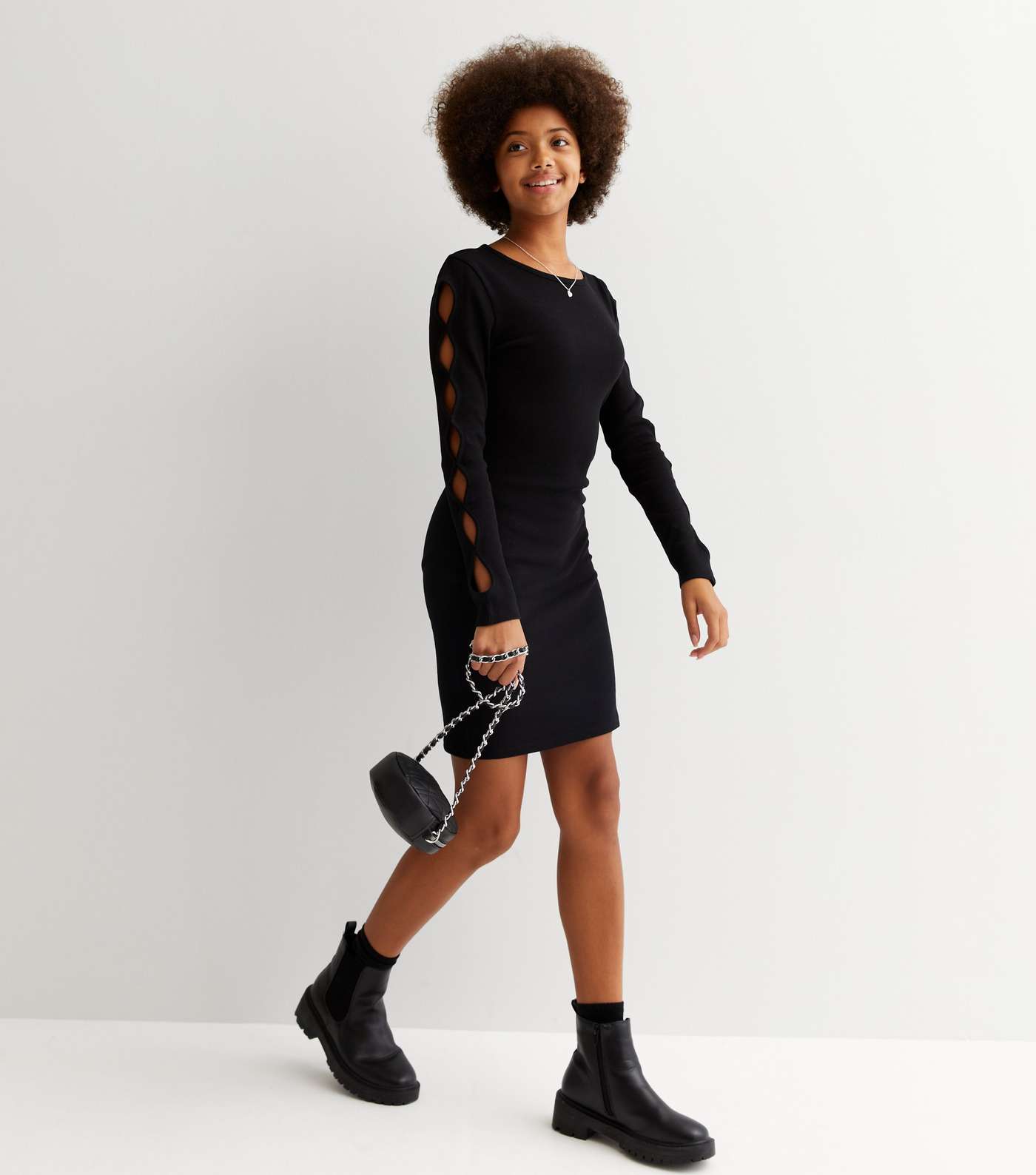 Girls Black Ribbed Cut Out Sleeve Dress