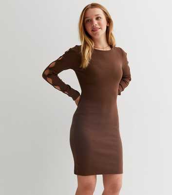 Girls Dark Brown Ribbed Cut Out Sleeve Dress