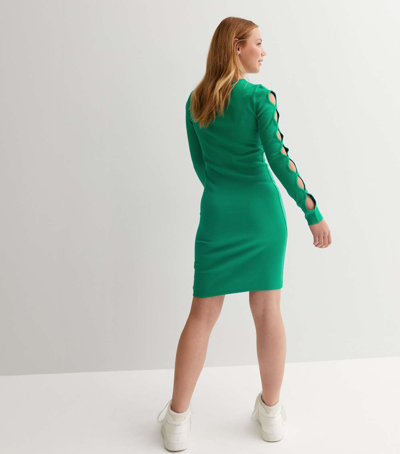 Girls Green Ribbed Cut Out Sleeve Dress Image 4