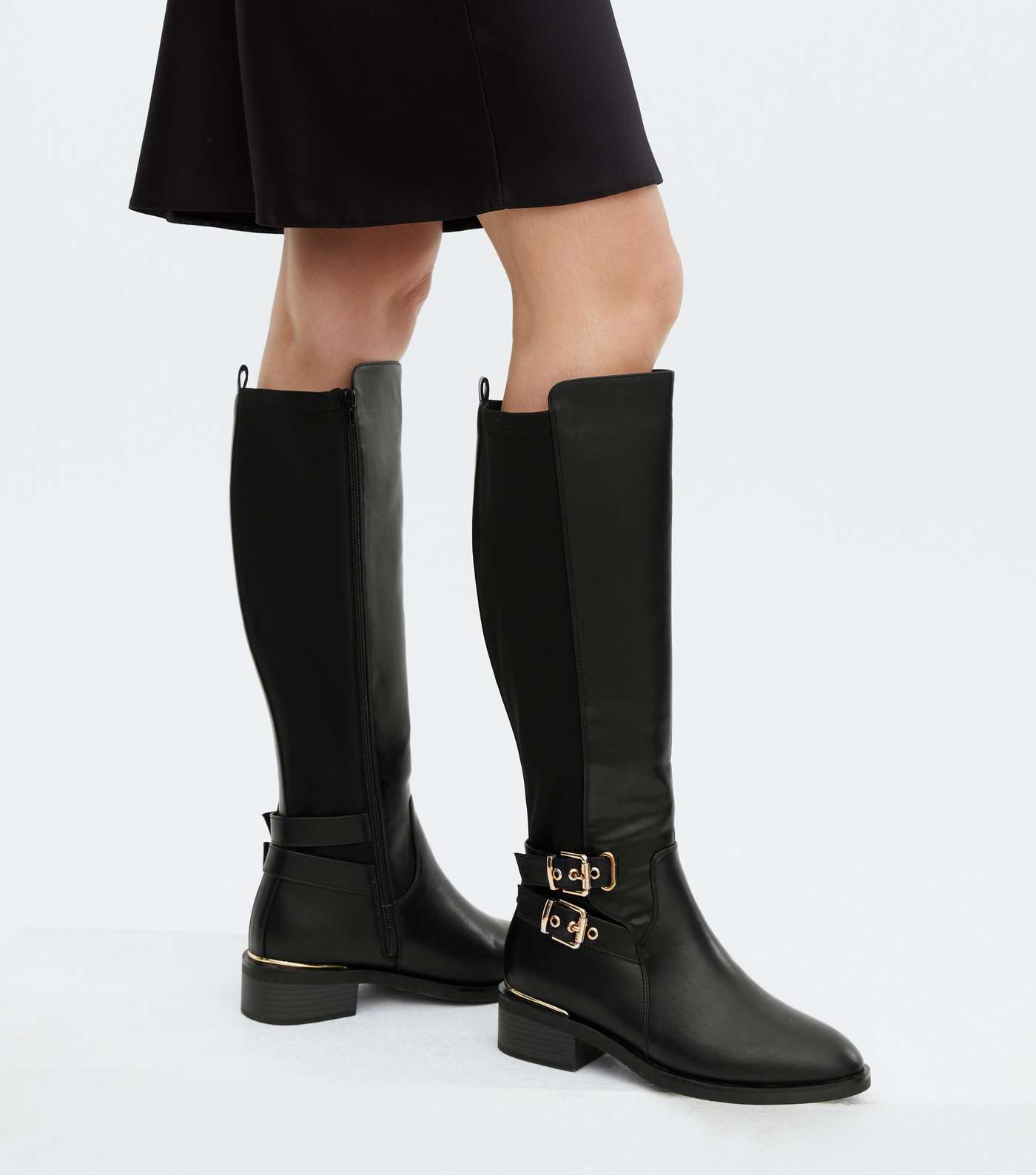 Wide Fit Extra Calf Fitting Black Leather-Look Buckle Knee High Boots Image 2
