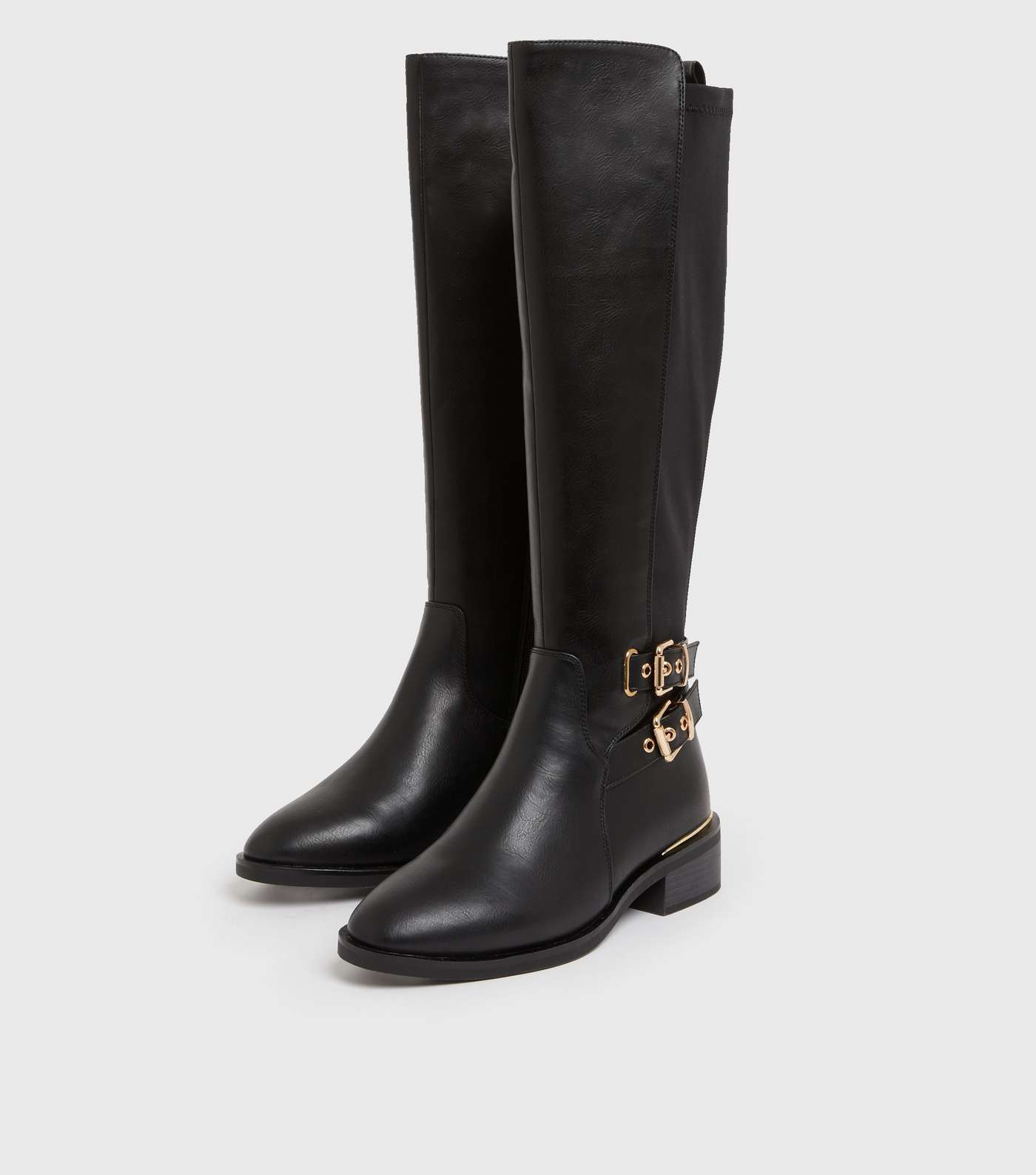 Wide Fit Extra Calf Fitting Black Leather-Look Buckle Knee High Boots Image 4