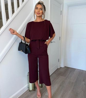 AX Paris Dark Purple Tie Waist Wide Leg Crop Jumpsuit