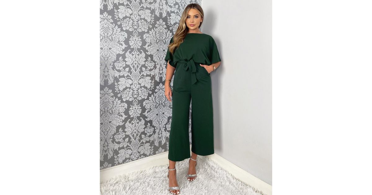 AX Paris Dark Green Tie Waist Wide Leg Crop Jumpsuit New Look
