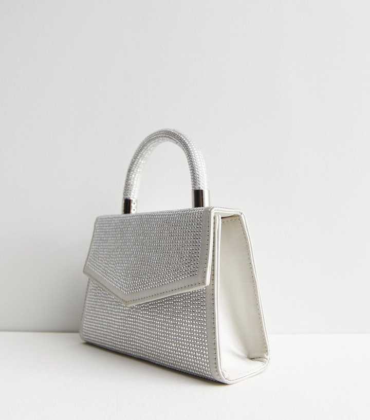 Silver Beaded Top Handle Chain Cross Body Bag