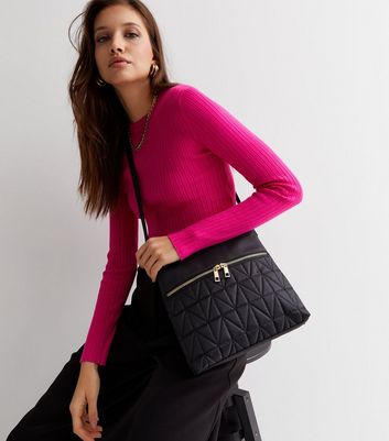 Black Quilted Messenger Shoulder Bag New Look