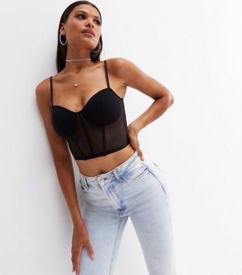 Black Mesh Strappy Corset Crop Bralette New Look