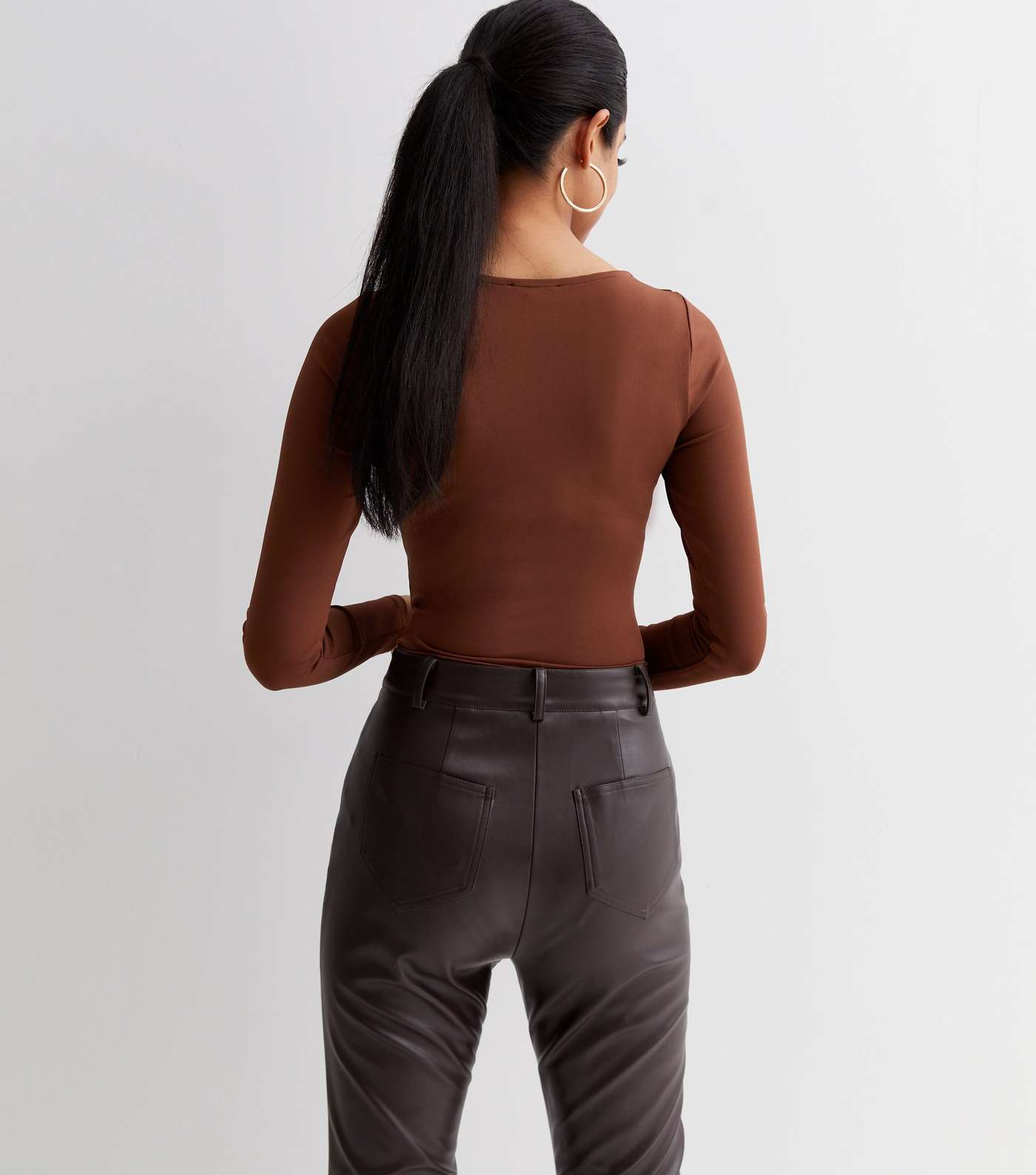 Dark Brown Notch Front Long Sleeve Bodysuit Image 4
