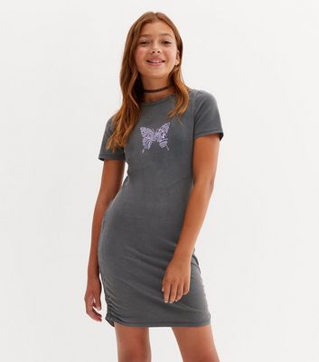 Girls Dark Grey Butterfly Acid Wash Ruched Dress