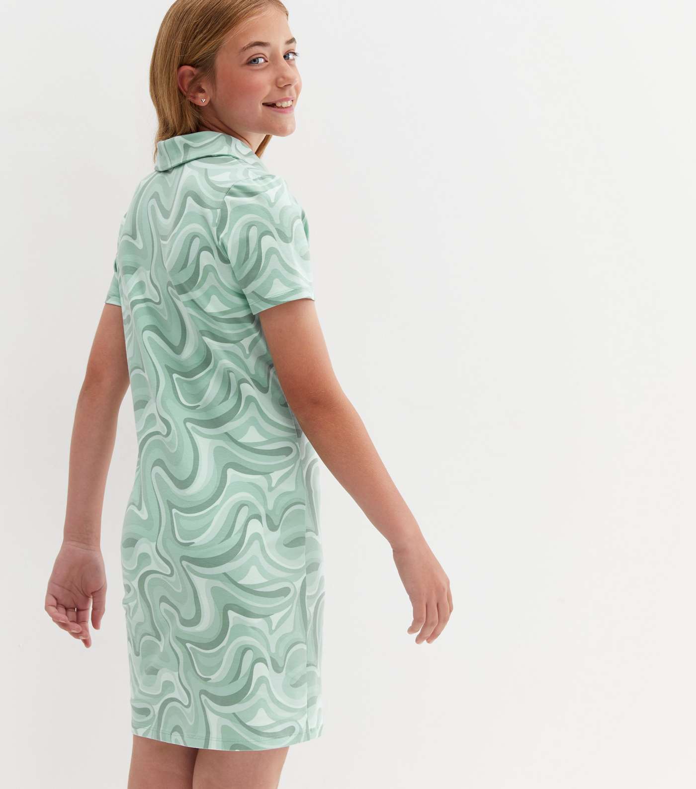 Girls Green Marble Collared Dress Image 4