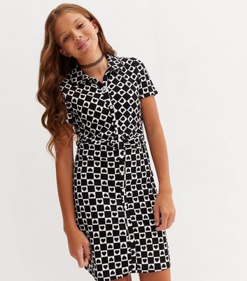 Girls Black Heart Checkerboard Mini Shirt Dress