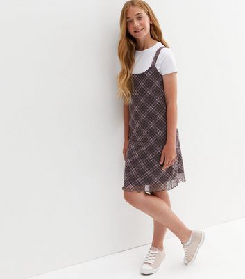 Girls Brown Check Mesh 2 in 1 Dress