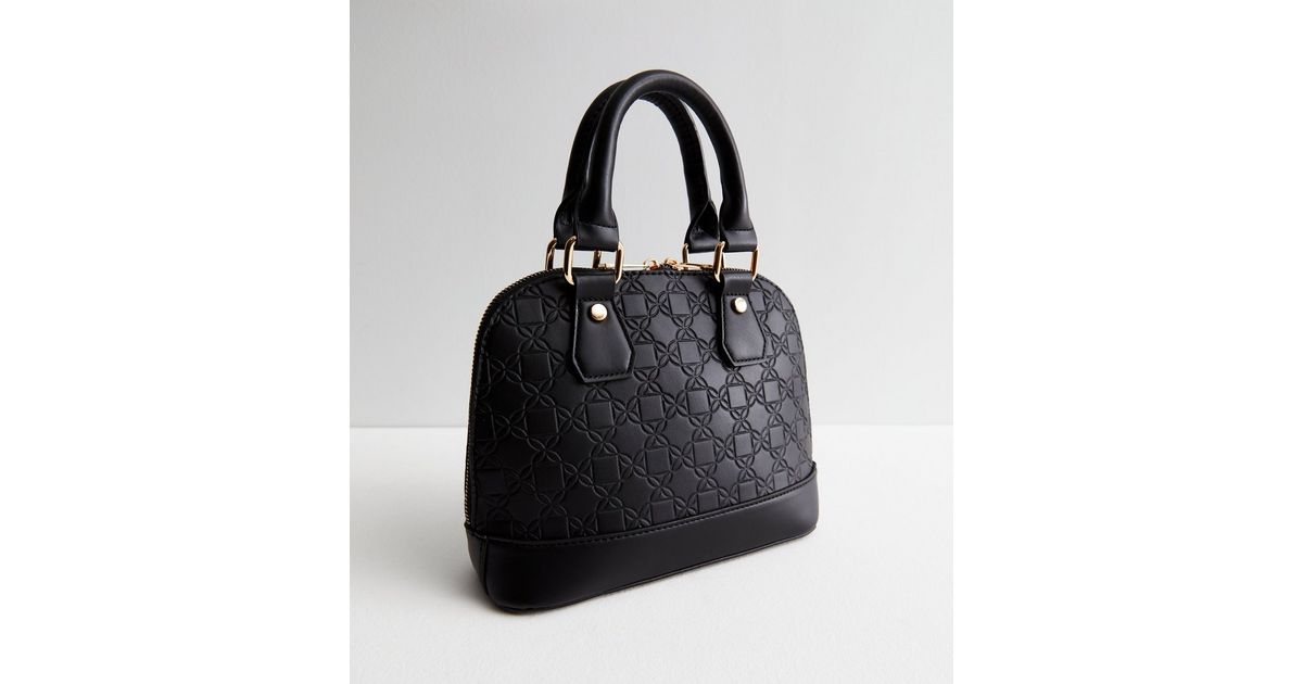 Black Leather-Look Floral Monogram Top Handle Cross Body Bag