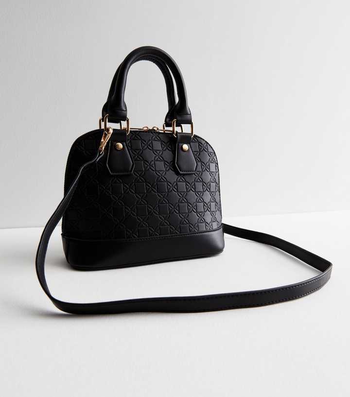 Black Leather-Look Floral Monogram Top Handle Cross Body Bag