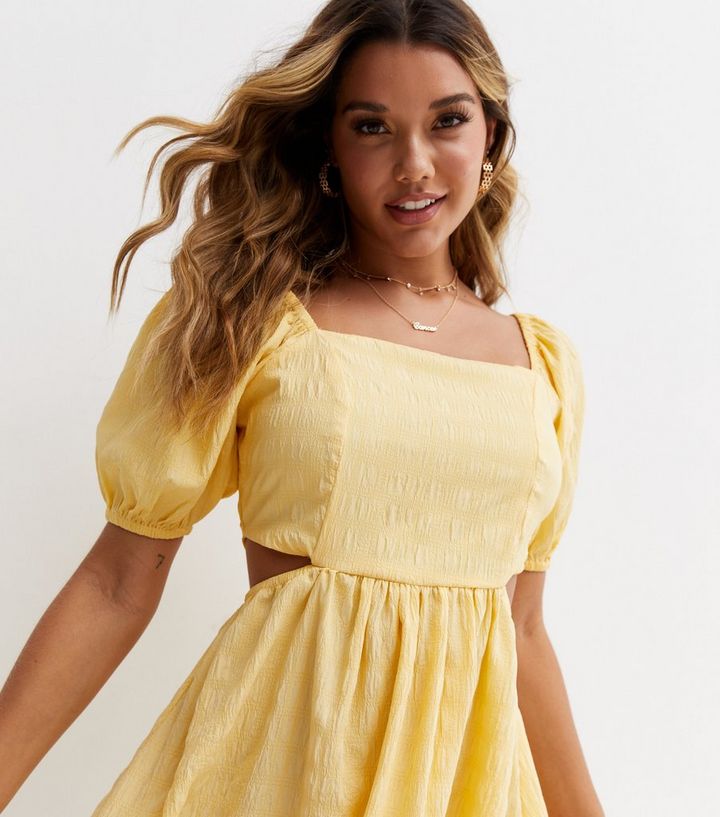Influence Pale Yellow Seersucker Cut Out Mini Dress | New Look
