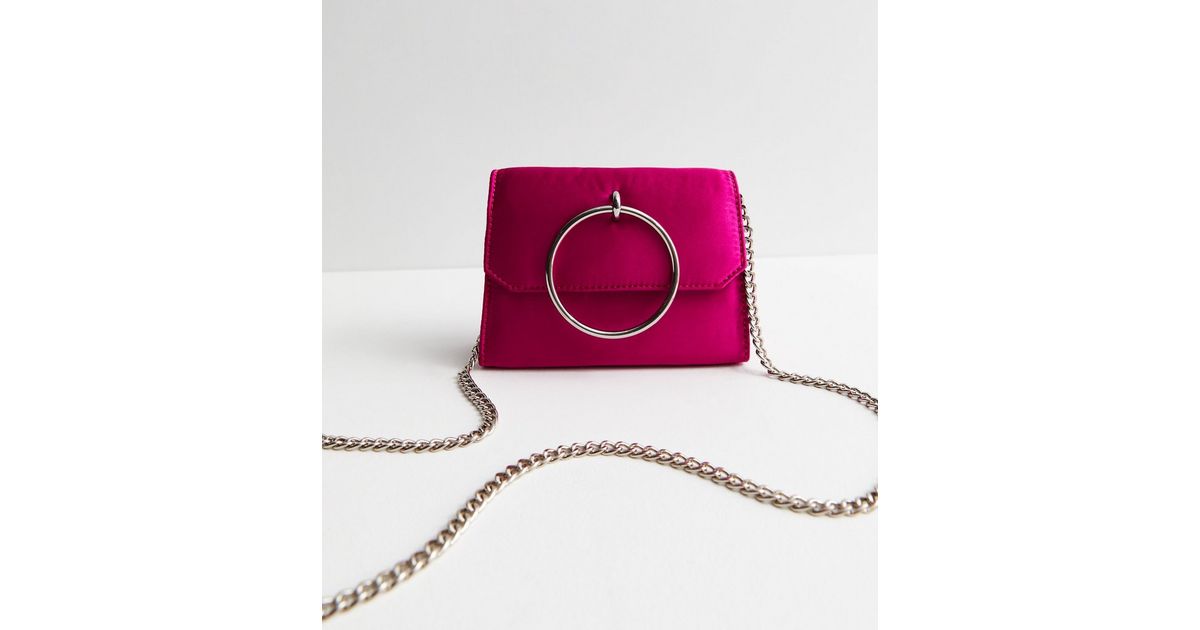 Bright Pink Satin Ring Handle Clutch Bag New Look