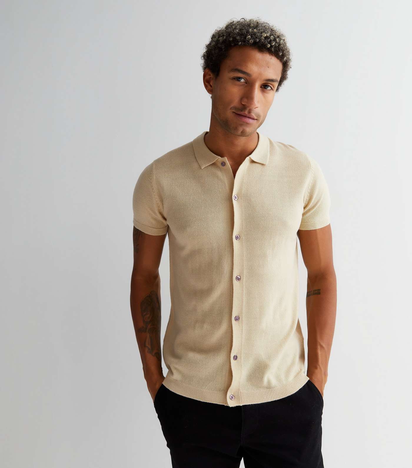 Cream Soft Fine Knit Short Sleeve Button Polo Shirt Image 2
