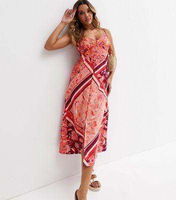 Influence Pink Scarf Print Satin Strappy Midi Dress New Look