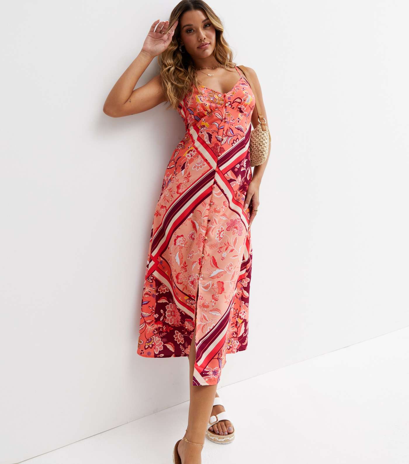 Influence Pink Scarf Print Satin Strappy Midi Dress