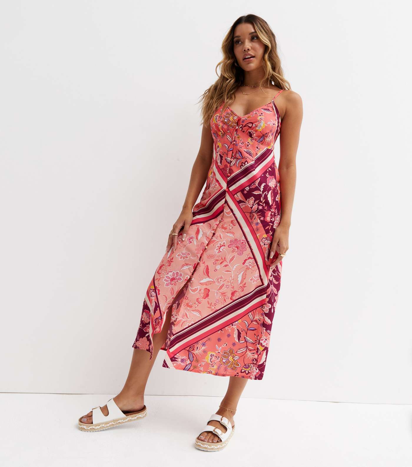 Influence Pink Scarf Print Satin Strappy Midi Dress Image 3
