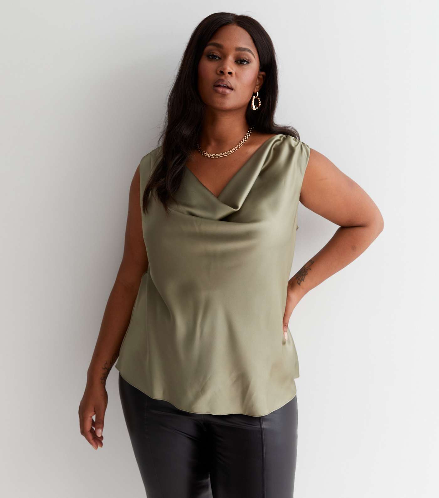 Curves Olive Satin Cowl Neck Sleeveless Top