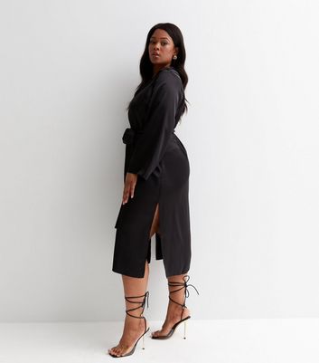 Curves Black Satin Belted Split Hem Midi Shirt Dress | New Look